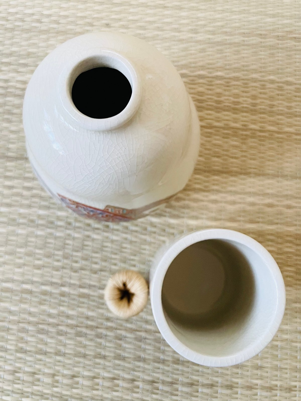 権現窯　権現紋様はこね焼き　青色と白色の花模様の陶器 在銘】原平窯 京焼 色絵 茶箱用陶器三点セット 扇面に流水吉祥文様
