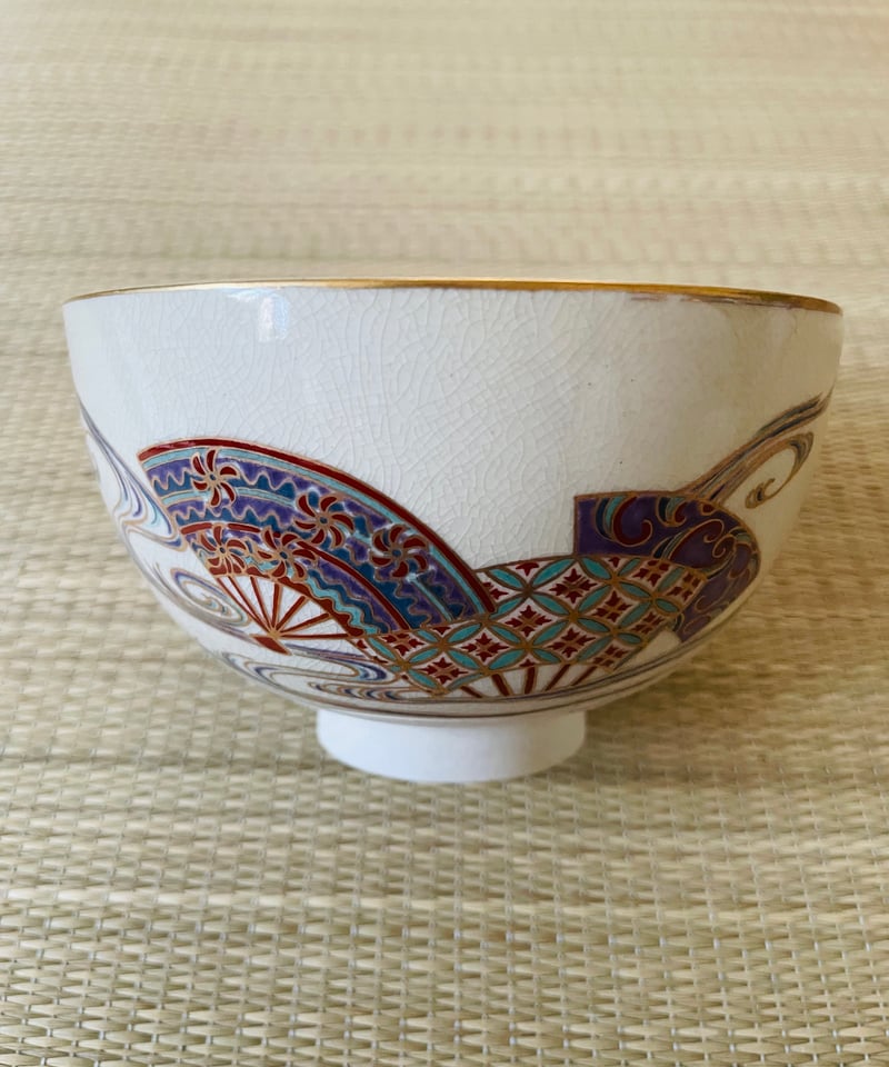 在銘】原平窯 京焼 色絵 茶箱用陶器三点セット 扇面に流水吉祥文様