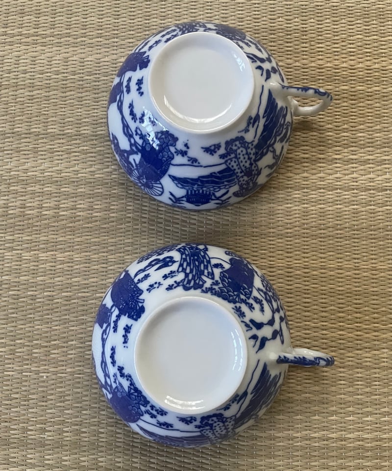 美品 同柄2客セット】日本特製 透かし芸者文様 エッグシェル 卵殻手