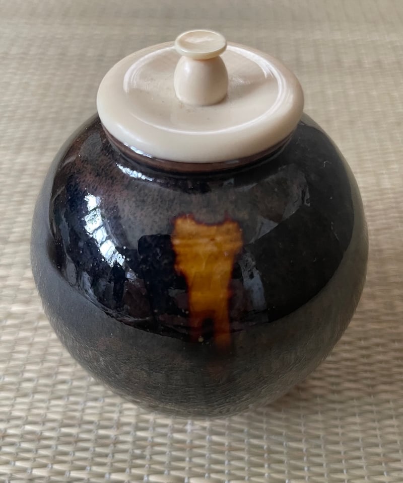 極美品 桐共箱付】山口茂造 仕覆付き 瀬戸 文琳茶入 雨龍間道 仕覆付き