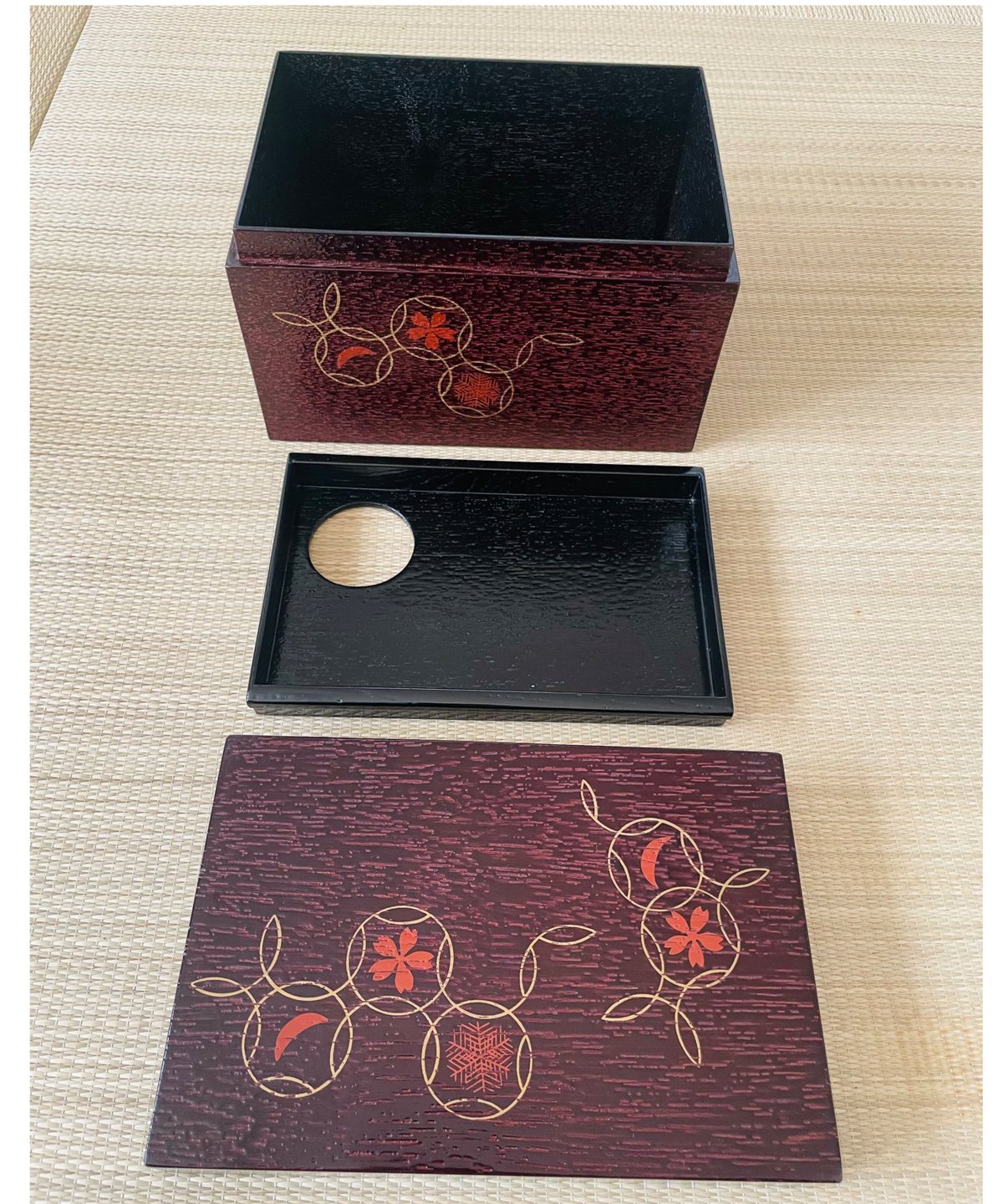 美品 木製】七宝繋ぎに雪月花 溜め塗り 桐 利休茶箱 茶箱用茶杓付き