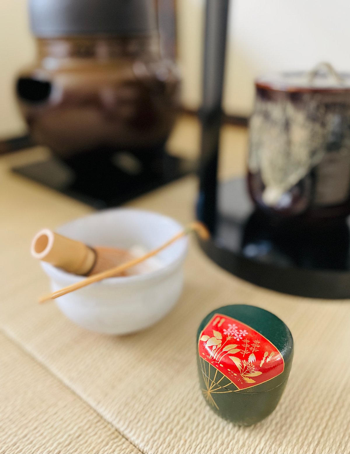 美品】木製 青漆叩漆 中棗 棗 春野 扇面に春の野 緑 | ginyoudo