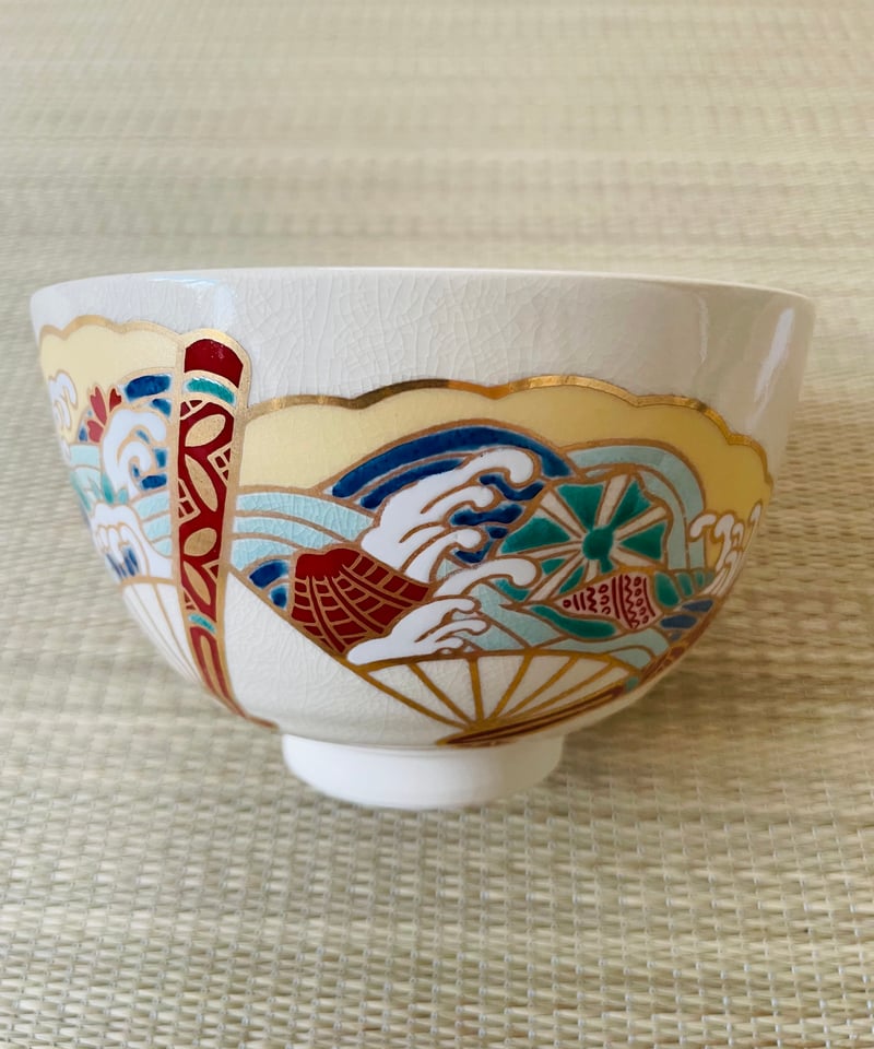 美品】加藤藤山造 在銘 陶印有 扇面貝 立波 桜紅葉 抹茶碗