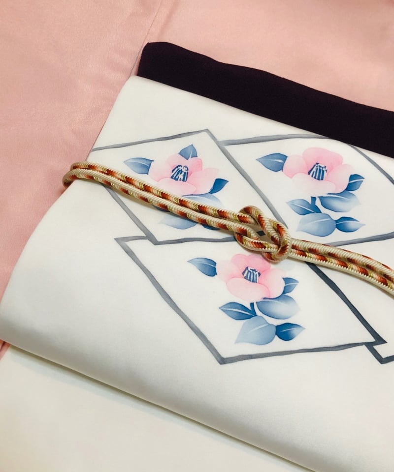 塩瀬　名古屋帯　正絹　流水に椿　手描き友禅　金彩 美品】正絹 椿に菱 塩瀬名古屋帯 白 | ginyoudo