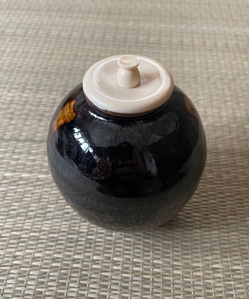 比古焼　文琳茶入　藤崎寿山造　仕覆付　共箱 茶道具 高取焼 比古窯 藤崎寿山 肩衝茶入 茶入れ 共箱 仕覆（相良間道