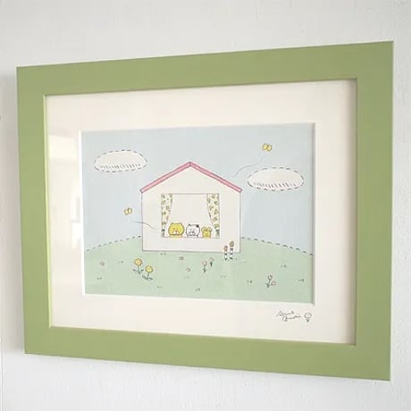 絵画作品「くまいぬハウス」送料無料※額はホワイトになります。