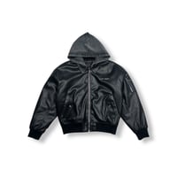 LAST NEST / hooded faux leather flight jacket