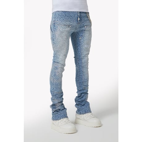 GUAPI / aqua blue calligraphy denim