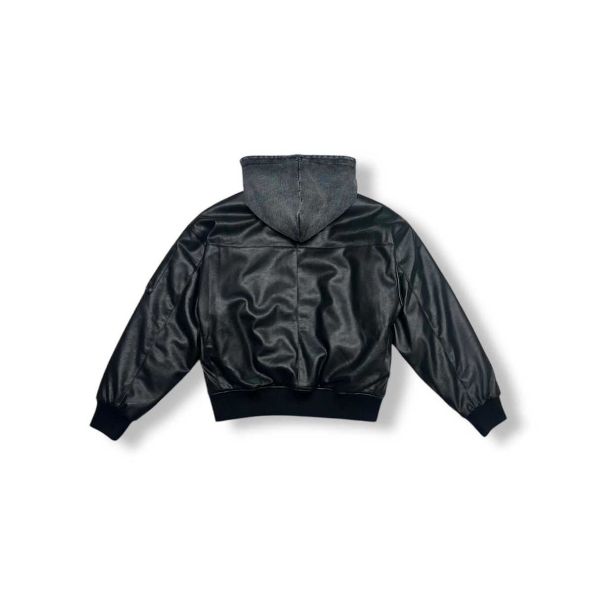 LAST NEST / hooded faux leather flight jacket |