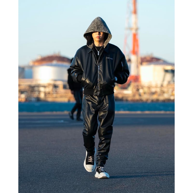 LAST NEST / hooded faux leather flight jacket |