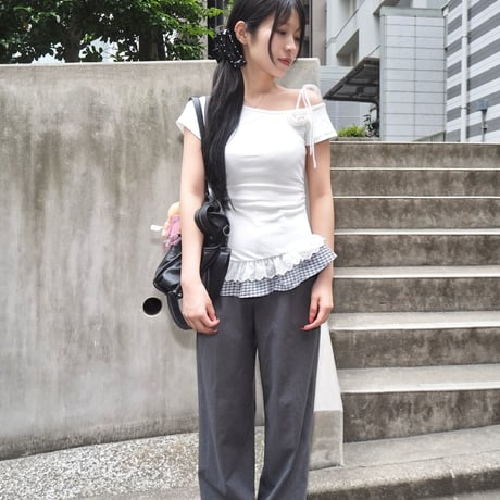 check frill one shoulder tops