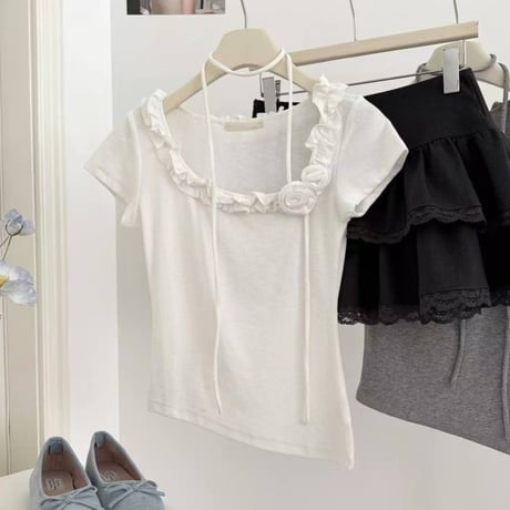 frill round neck rose string top