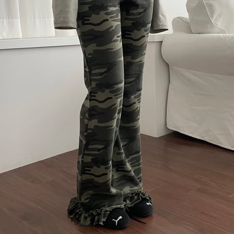 camo frill bootcut pants
