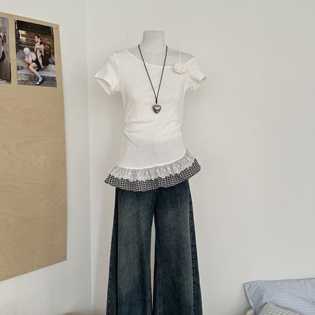 check frill one shoulder tops