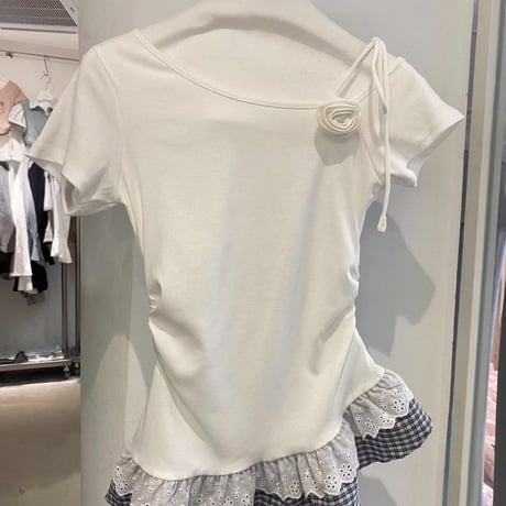 check frill one shoulder tops