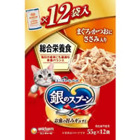 ≪地域限定配送≫【お得なまとめ買い】銀のスプーン パウチ 総合栄養食 まぐろ・かつおにささみ入り ５５ｇ×１２袋　［ユニ・チャームペット］