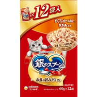 ≪地域限定配送≫【お得なまとめ買い】銀のスプーン パウチ まぐろ・かつおにささみ入り ６０ｇ×１２袋　［ユニ・チャームペット］