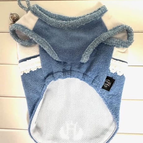 HEVN 花モチーフ付きパイル2トーンワンピース(ブルー） 【国産ウェア】 【ハンドメイド】