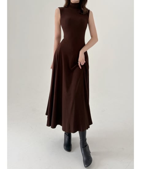 knit Sleeveless High Neck Flare Maxi Dress "brown"