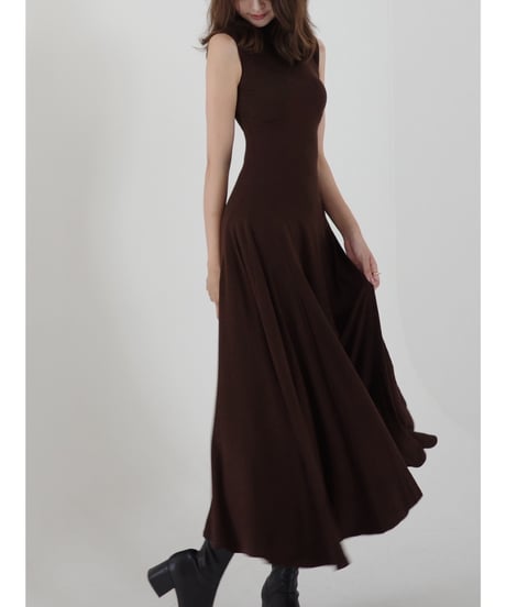 knit Sleeveless High Neck Flare Maxi Dress "brown"