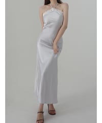 Satin Halter Neck Lace Trim Maxi Dress
