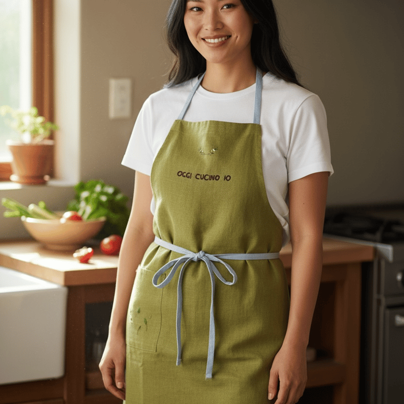 手刺繍ロングエプロン （オリーブ色） | IL COBALTO