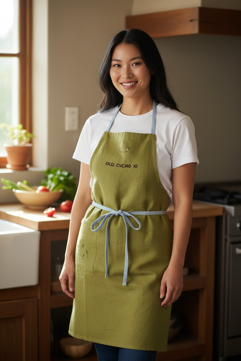 手刺繍ロングエプロン （オリーブ色） | IL COBALTO