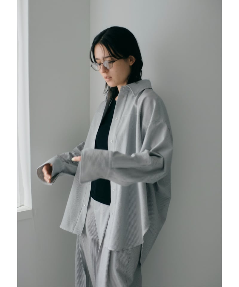 atelier suppan アトリエスパン スタンドカラーシアサッカーストライプフックシャツ S2014 グレー Sucker shirt | As,