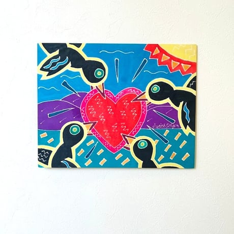 【真作保証】Judith Geiger（ジュディス・ガイガー）／「Big Heart with Blackbirds」 絵画 額なし