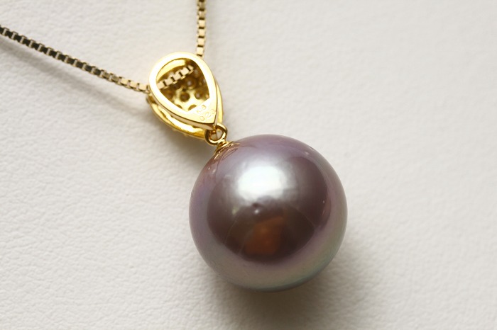 淡水真珠パールペンダントトップ 14mm パープルカラー K18製/D0.23ct