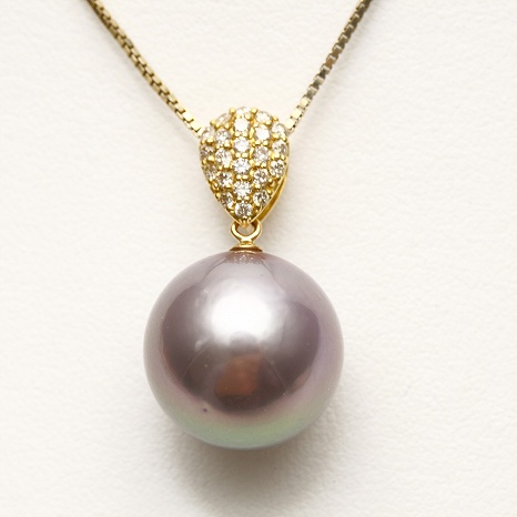 淡水真珠パールペンダントトップ 14mm パープルカラー K18製/D0.23ct