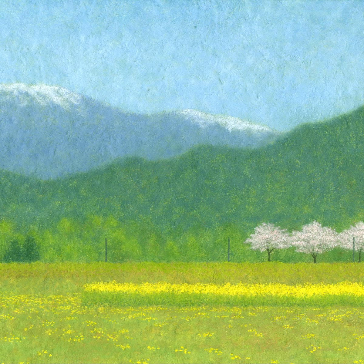 【真作】絵画　水彩　安曇野の秋　春の丘と若木の風景　A194 春の安曇野 | Makoto Odagiri Art Gallery