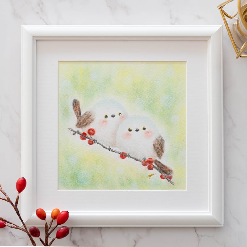 原画・フレーム付き】「雪の妖精シマエナガ」 パステルアート 鳥 冬