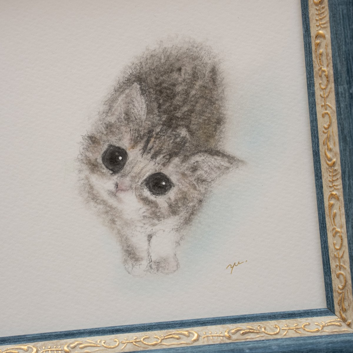 原画・フレーム付き】「見上げる子猫」 パステルアート ねこ かわいい