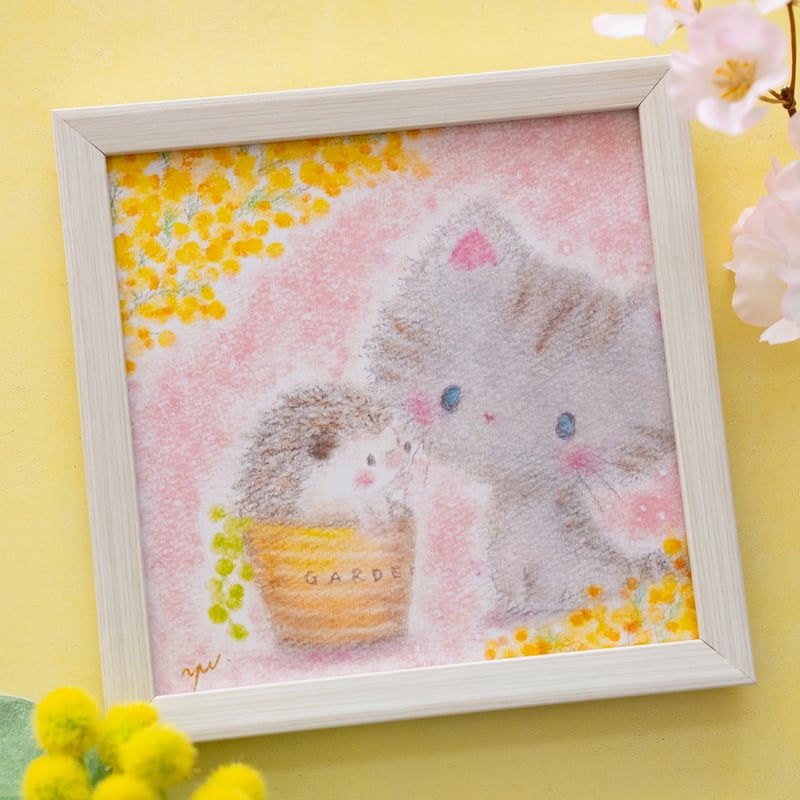 猫のパステル画 ピンク額縁付き 原画] MyCat パステル画 新品の額付き