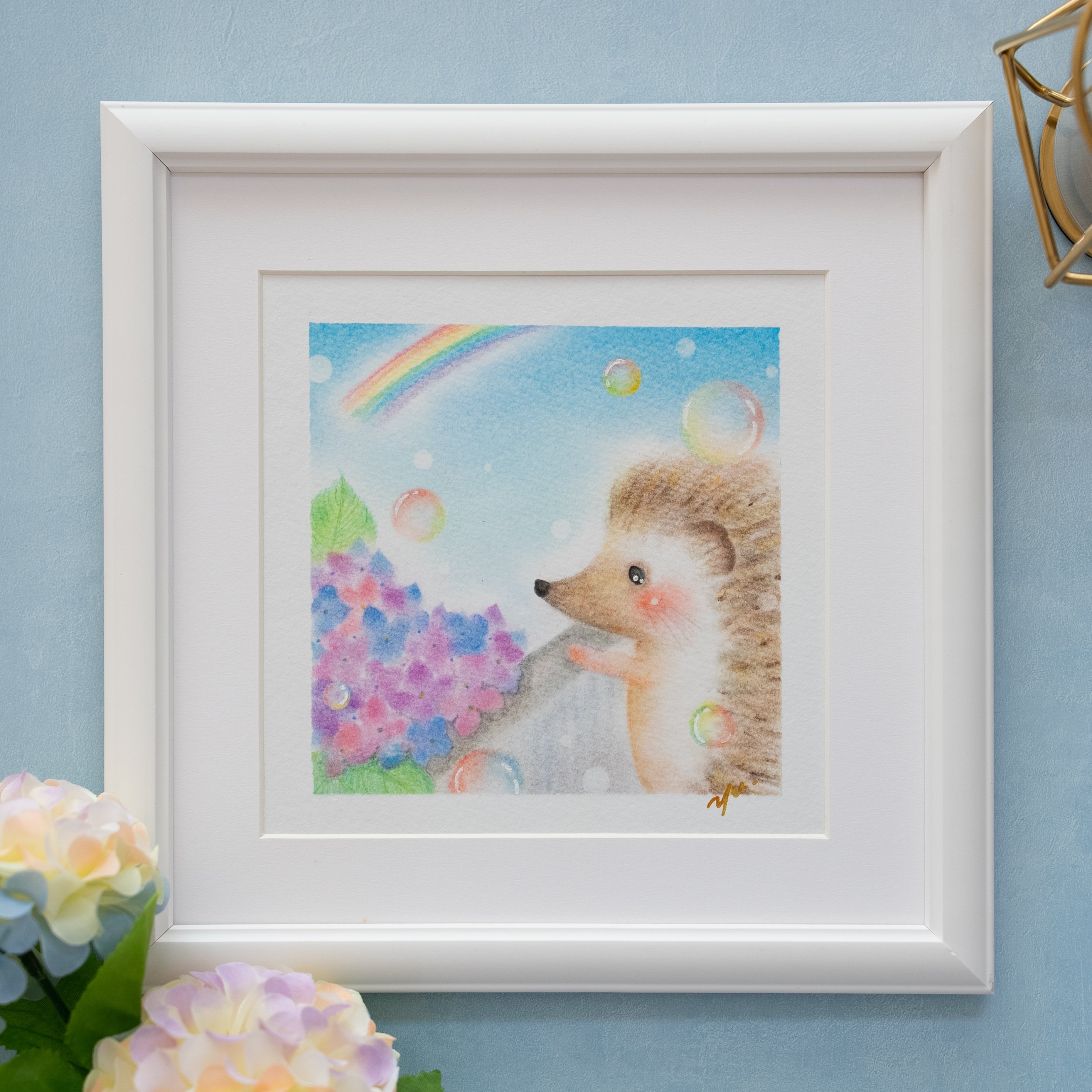 【原画】ハリネズミのプリンアラモード　パステルアート　パステル画　色鉛筆 original