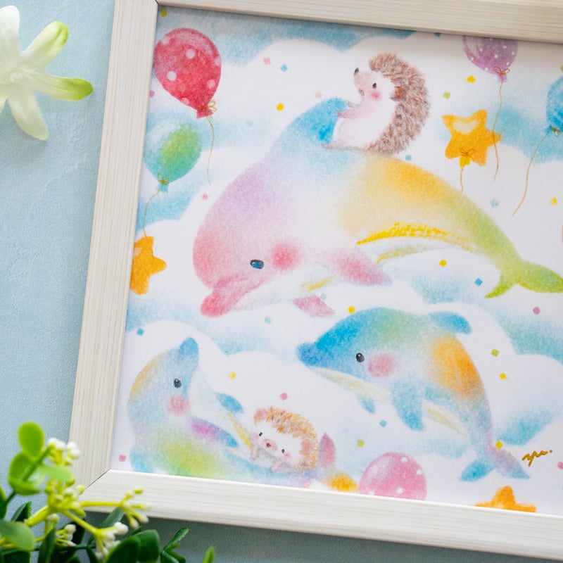 送料無料｜【複製画】「イルカに乗ったハリネズミ」 パステルアート