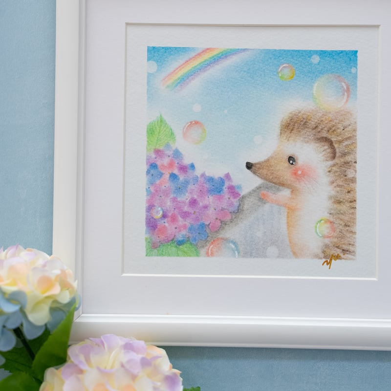 【原画】ハリネズミのプリンアラモード　パステルアート　パステル画　色鉛筆 紫陽花とハリネズミさん」｜ フレーム付き原画・一点物 パステルアート
