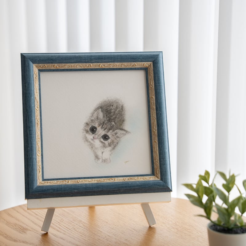 原画・フレーム付き】「見上げる子猫」 パステルアート ねこ かわいい