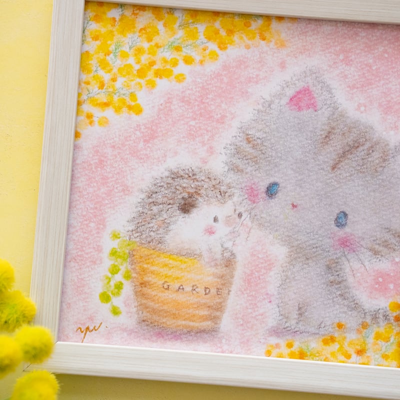 複製画】「優しい時間」 パステルアート はりねずみ 猫 ねこ かわいい