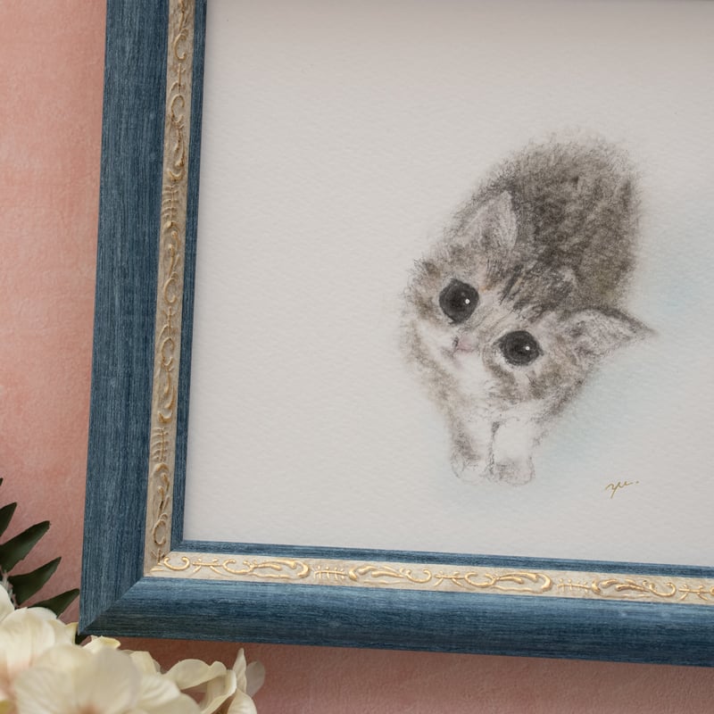 猫のパステル画 木製フレーム付き 原画・フレーム付き】「見上げる子猫」 パステルアート ねこ かわいい