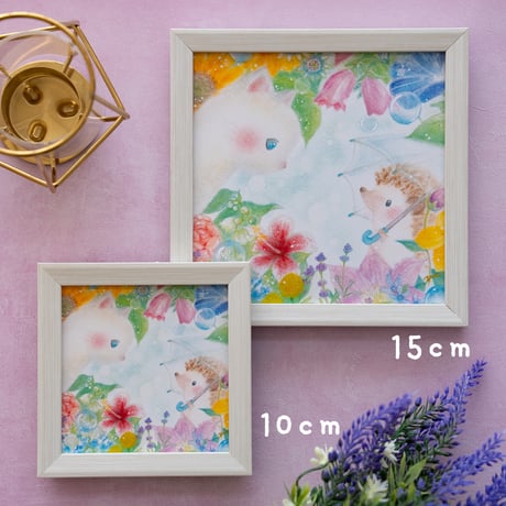 【複製画】「出逢いの季節　夏」　はりねずみ　花　猫　ねこ　ネコ　パステルアート　かわいい動物イラスト
