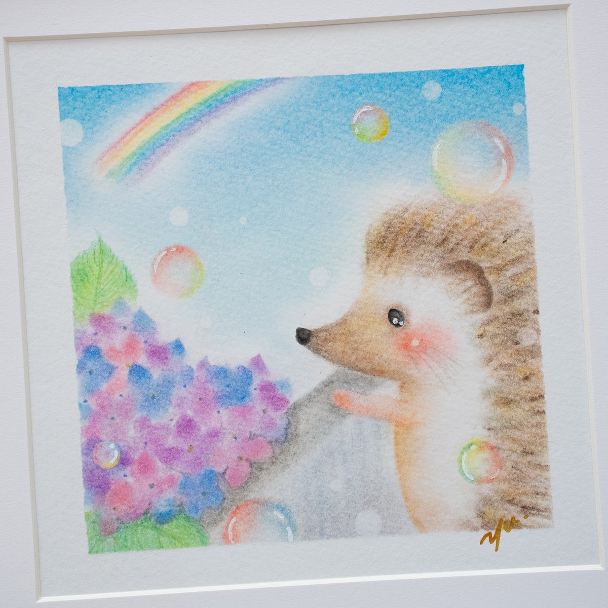 原画・フレーム付き】「紫陽花とハリネズミさん」 パステルアート はり