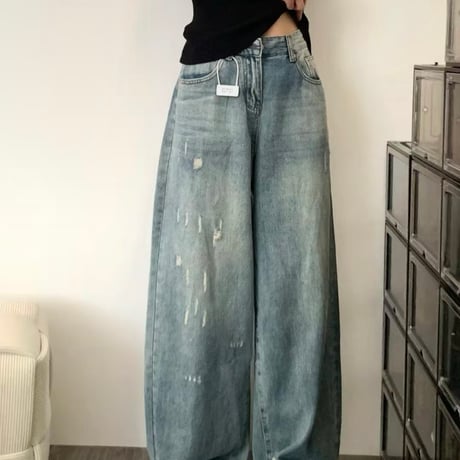 ダメージワイドルーズフィットバルーンデニムパンツ