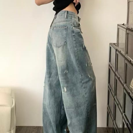 ダメージワイドルーズフィットバルーンデニムパンツ