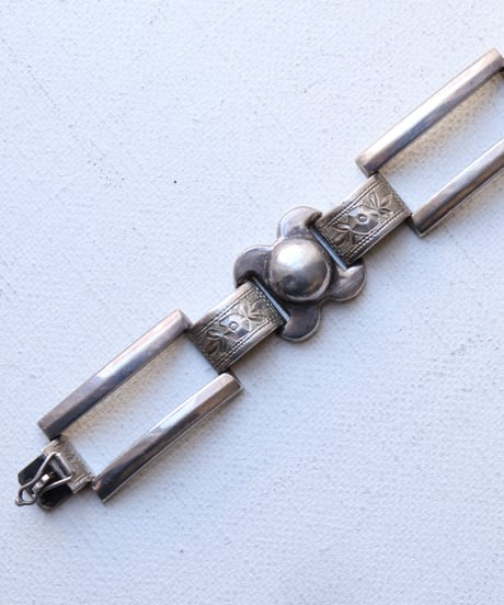 c.1930 Czechoslovakia / Art Deco Floral & Rectangle Link Bracelet / Silver 900