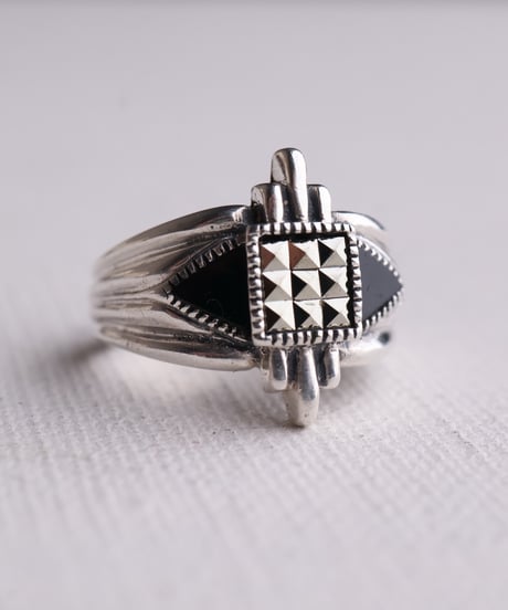 c.1990 France / Neo-Deco Ring / Silver 925, Onyx & Marcasite