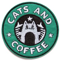 ワッペン 猫とコーヒー CATS AND COFFEE アイロン接着 パロディ 刺繍パッチ 説明書（日本語）付き 直径6.5cm