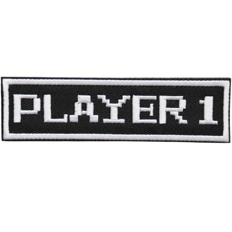 ワッペン PLAYER1（プレイヤー１） マジックテープ（ベルクロ・面ファスナー）着脱式 ミリタリー サバゲー ゲーム系おもしろ刺繍パッチ サイズ：10×2.7cm