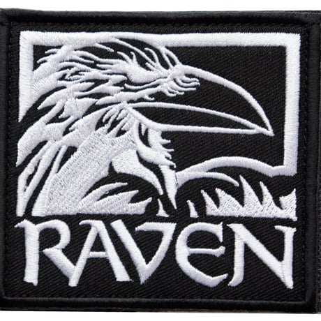 ワッペン カラス RAVEN（からす） マジックテープ（ベルクロ・面ファスナー）着脱式 ミリタリー サバゲー 刺繍パッチ 白 サイズ：8.5×8cm
